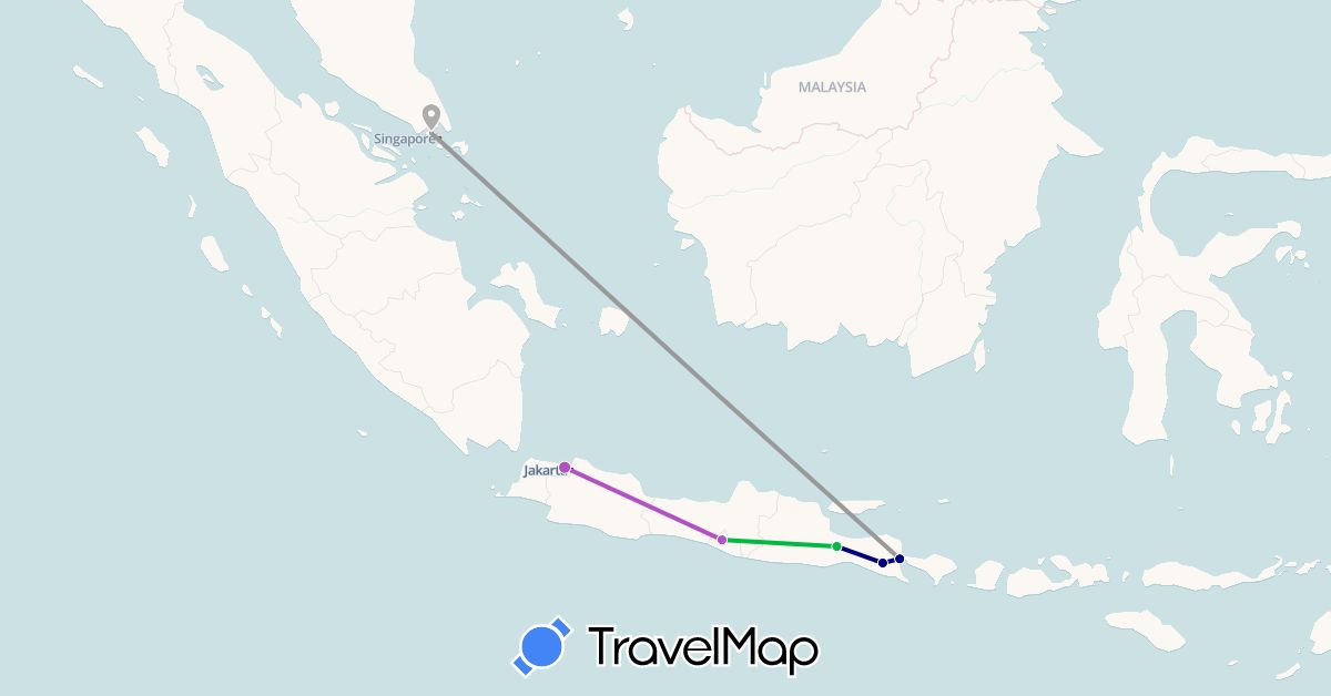 TravelMap itinerary: driving, bus, plane, train in Indonesia, Singapore (Asia)