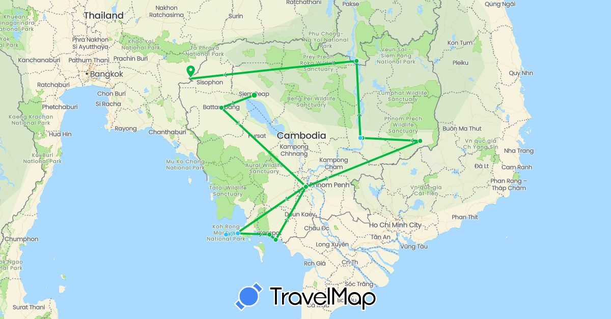 TravelMap itinerary: driving, bus, boat in Cambodia, Laos (Asia)