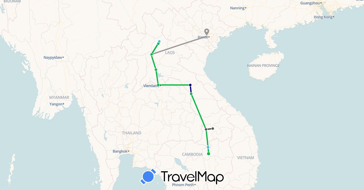 TravelMap itinerary: driving, bus, plane, boat, motorbike in Cambodia, Laos, Vietnam (Asia)