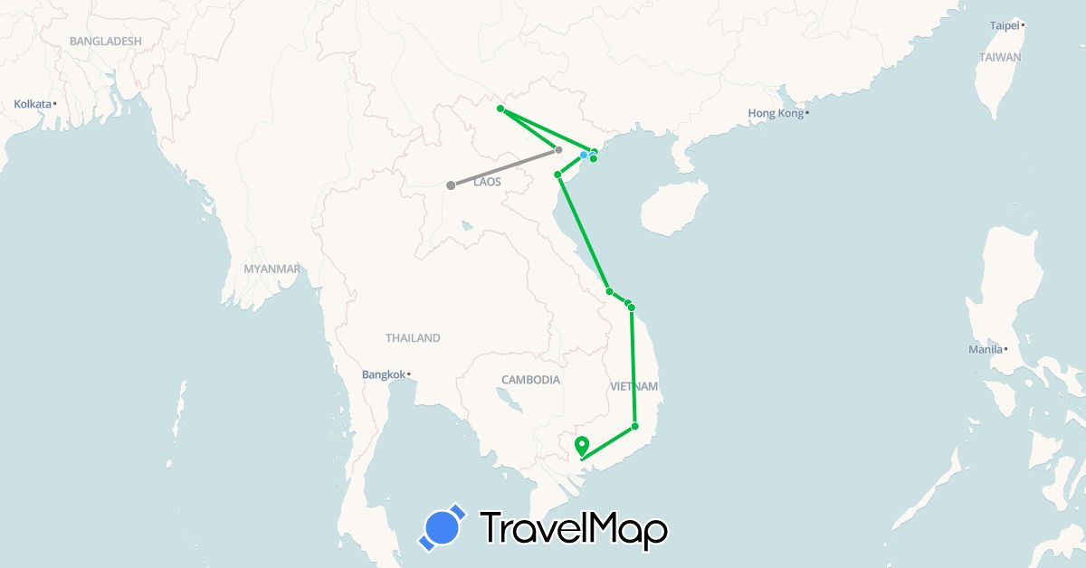 TravelMap itinerary: bus, plane, boat in Vietnam (Asia)
